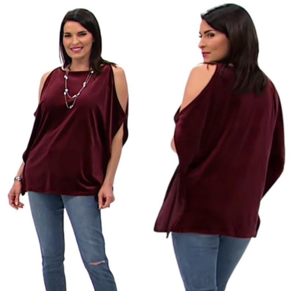 LYSSE Red Cabernet Velvet Caftan Cold Shoulder Blouse Top NWT Plus 1X/2X